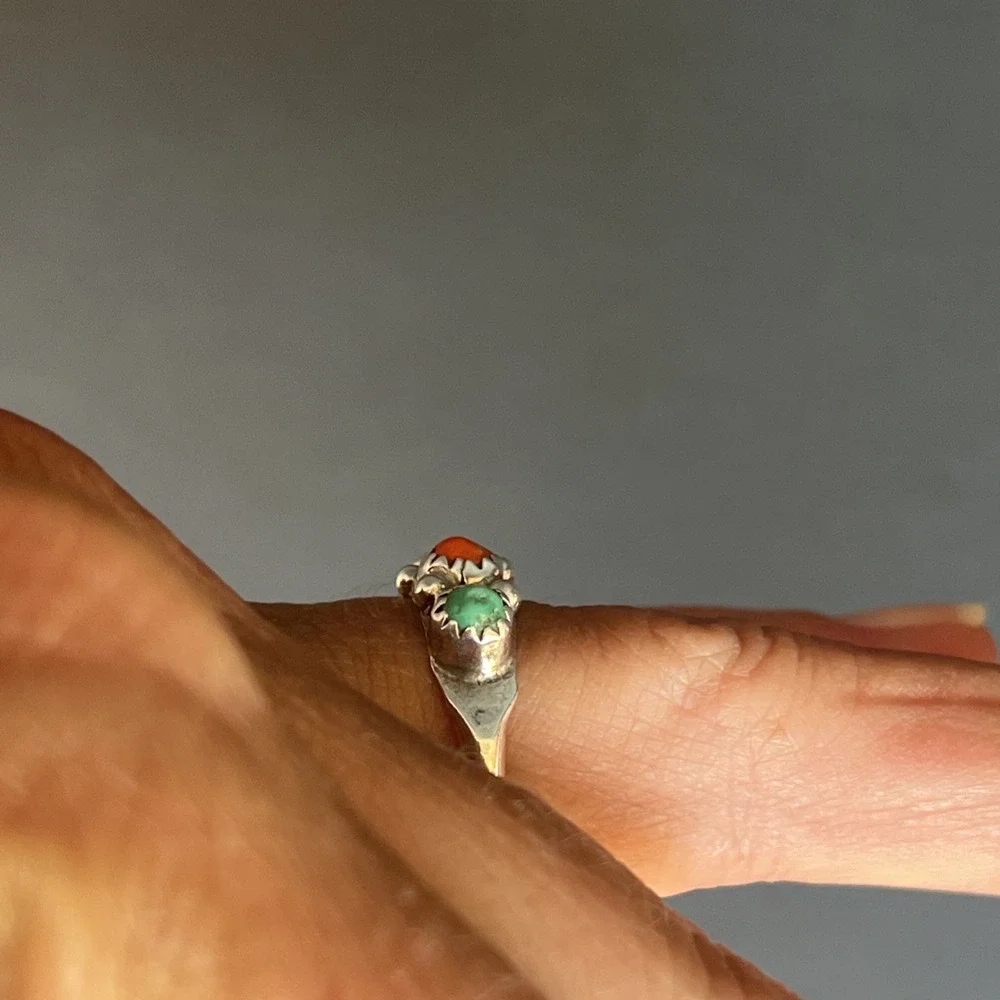 VTG Native American Sterling Silver Turquoise Coral Band Ring Sz 6.25 Handmade
